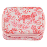 Pink toiletry bag with floral pattern