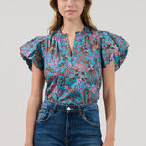 Floral Teal Button Top