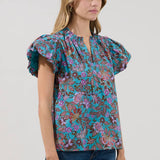 Floral Teal Button Top