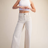 Beige Embroidery Lace Trim Wide Leg Pants