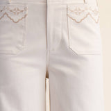 Beige Embroidery Lace Trim Wide Leg Pants