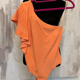 ORANGE RUFFLED ONE SHOULDER BODYSUIT