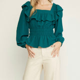 GREEN LONG SLEEVE PEPLUM TOP