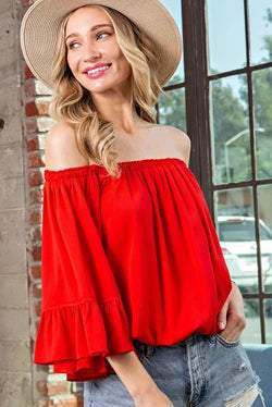 RED OFF SHOULDER RUFFLE